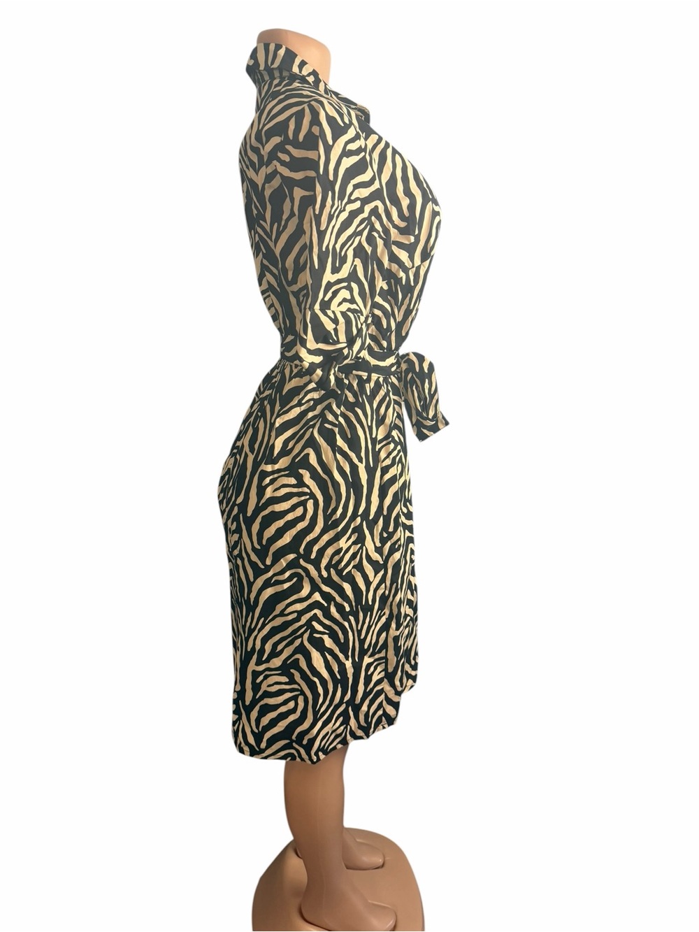 DKNY Elbow Sleeve Collared Neck Button-Front Belted Shirt Dress Zebra Print - Picture 6 of 9